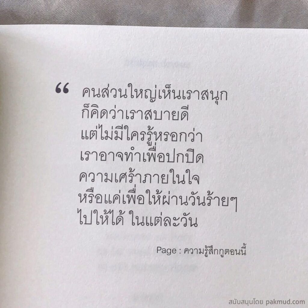 คนส่วนใหญ่เห็นเราสนุก ก็คิดว่าเราสบายดี แต่ไม่มีใครรู้หรอกว่า เราอาจทำเพื่อปกปิด ความเศร้าภายในใจ หรือแค่เพื่อให้ผ่านวันร้ายๆไปให้ได้ ในแต่ละวัน